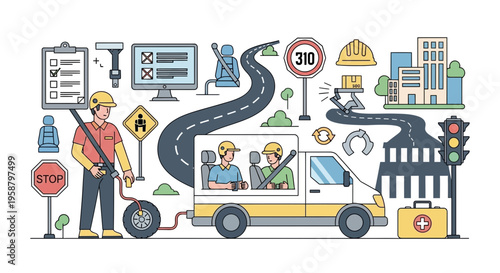 A delivery driver ensures safety while transporting goods on a city road.