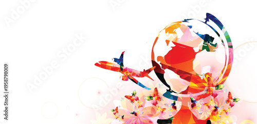 Colorful Travel and Tourism Background - World Landmarks with Globe, Compass and Airplane for Vacation and Tourism Poster