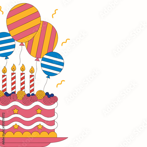 Birthday cake with candles and colorful balloons for celebration  