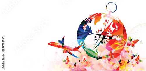 Colorful Travel and Tourism Background - World Landmarks with Globe, Compass and Airplane for Vacation and Tourism Poster