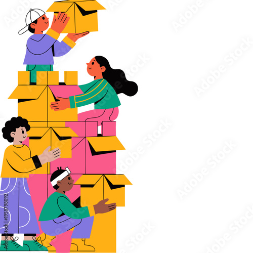 Group of children stacking colorful boxes for International Children's Day  