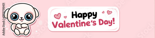 Cute cartoon animal holding a pink sign for Valentine's Day celebration. Cute big-eyed animal delivering Happy Valentine's Day message