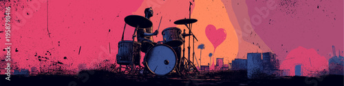 Drummer performing on a city rooftop at sunset, playing a song about love. Drummer playing love song on urban rooftop