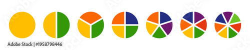 Free Download Multicolored pizza pies. Segmented charts on from 1 to 7 equal parts. Circle section graph. Multicoloured diagram infographic. Wheels divided in 7 sections mockup.  Loading bars. Pie, pizza chart. - GFXLoad