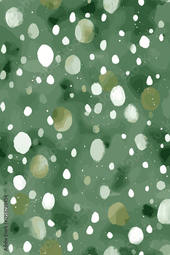 Watercolor green background featuring scattered white and light green polka dots pattern. Watercolor green background with scattered polka dots texture