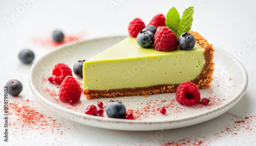 Slice of matcha cheesecake with fresh berries and mint leaf on plate. Creamy green dessert with fruit and herb garnish sits on table. Sweet pastry closeup