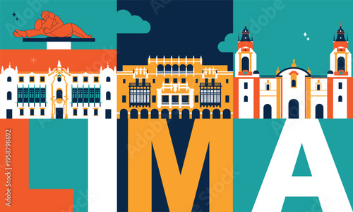 Lima culture travel set, famous architecture specialties in flat design. Business Peru tourism concept clipart in Memphis style. Image presentation, banner, website, ad, flyer, roadmap, icon line art