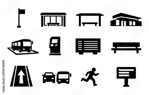 Bus Station Infrastructure Icons Set - Public Transport Stop Shelter Terminal Silhouettes