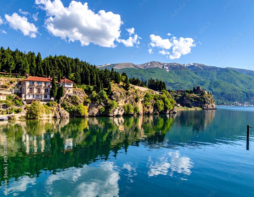 Fototapeta premium Tranquil lake scene reflecting buildings, trees, and distant mountains under a blue sky