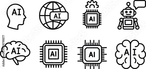 Vector line art illustration set featuring artificial intelligence concepts in silhouette mode including neural networks robotics machine learning data processing and digital technology symbols