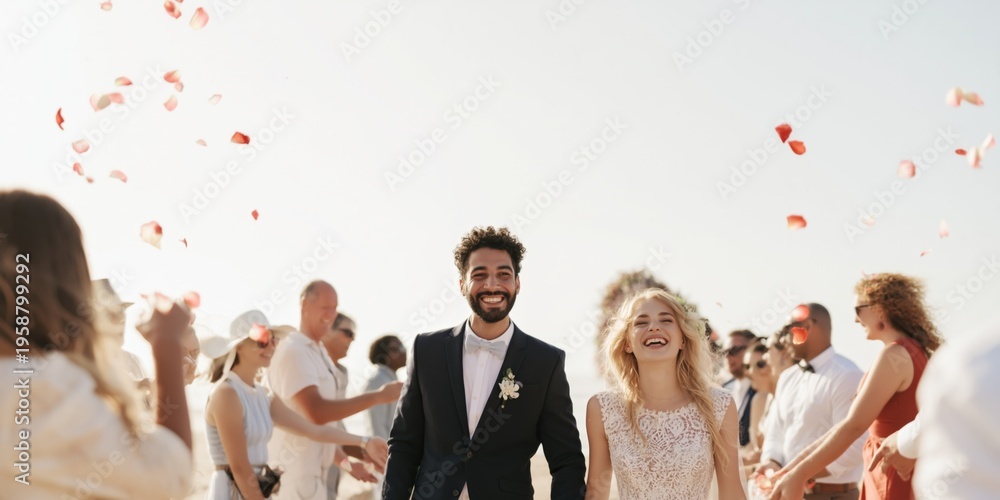 Fototapeta premium Caucasian female young bride and african male adult groom walking through guests throwing rose petals at outdoor wedding