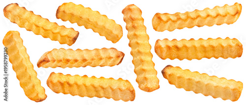 Falling crinkle french fries isolated on white background, crunchy potato sticks, full depth of field