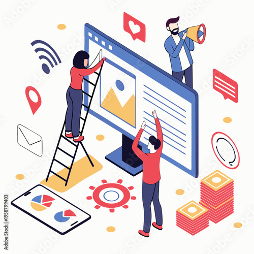 People working on a large computer screen