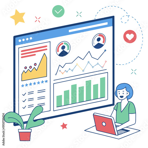 Woman analyzing data on a large computer screen