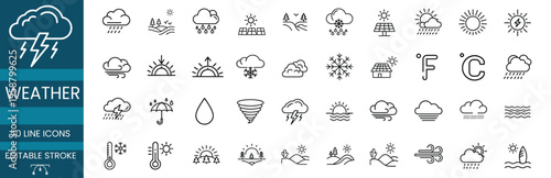 Weather forecast and nature outline icon set featuring sun rays, cloud rain, solar energy, wind breeze, thermometer, lightning storm, and more vector illustration on editable stroke