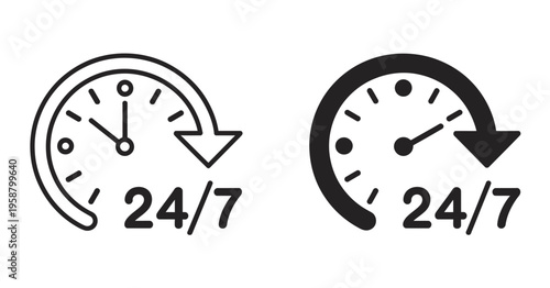 24 7 service clock icon in black and white representing anytime availability round the clock support non stop operation customer service symbol vector illustration