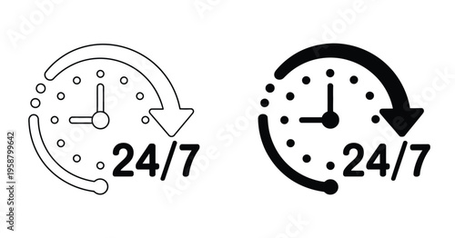 24 7 service clock icon in black and white representing anytime availability round the clock support non stop operation customer service symbol vector illustration