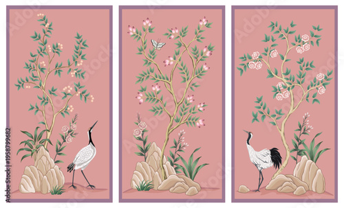 Vintage botanical garden tree, crane, bird, plant floral pannel. Exotic chinoiserie mural.	
