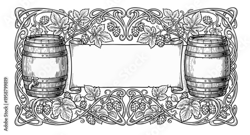 Vintage engraving of two wooden beer barrels with hop vine frame and blank banner, black and white vector illustration.