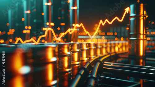 price graph of the energy market showing rising energy shortage crisis the effect from middle conflict and oil barrels, symbolizing supply disruption.