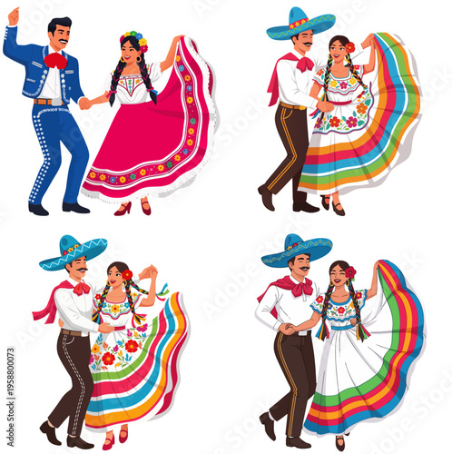 Mexican culture celebration with dancing couple vector,  perfect for cultural event posters, holiday invitations, travel agency brochures, and educational materials about world traditions,