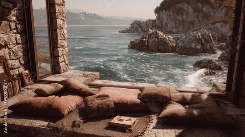 Cozy window seat overlooks rugged coastline and churning ocean waves