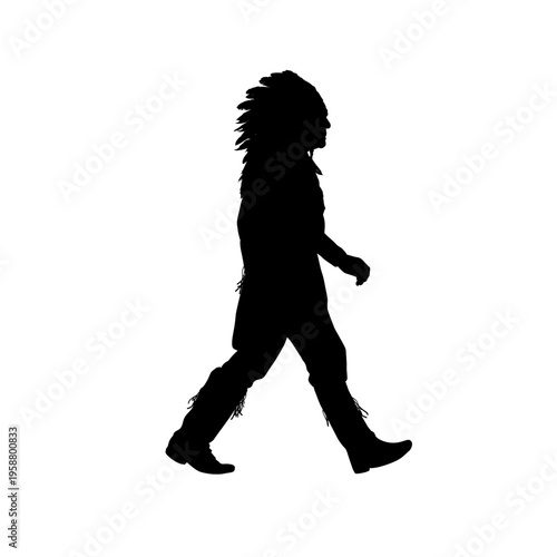 Silhouette of a walking native american chief with headdress, vector illustration