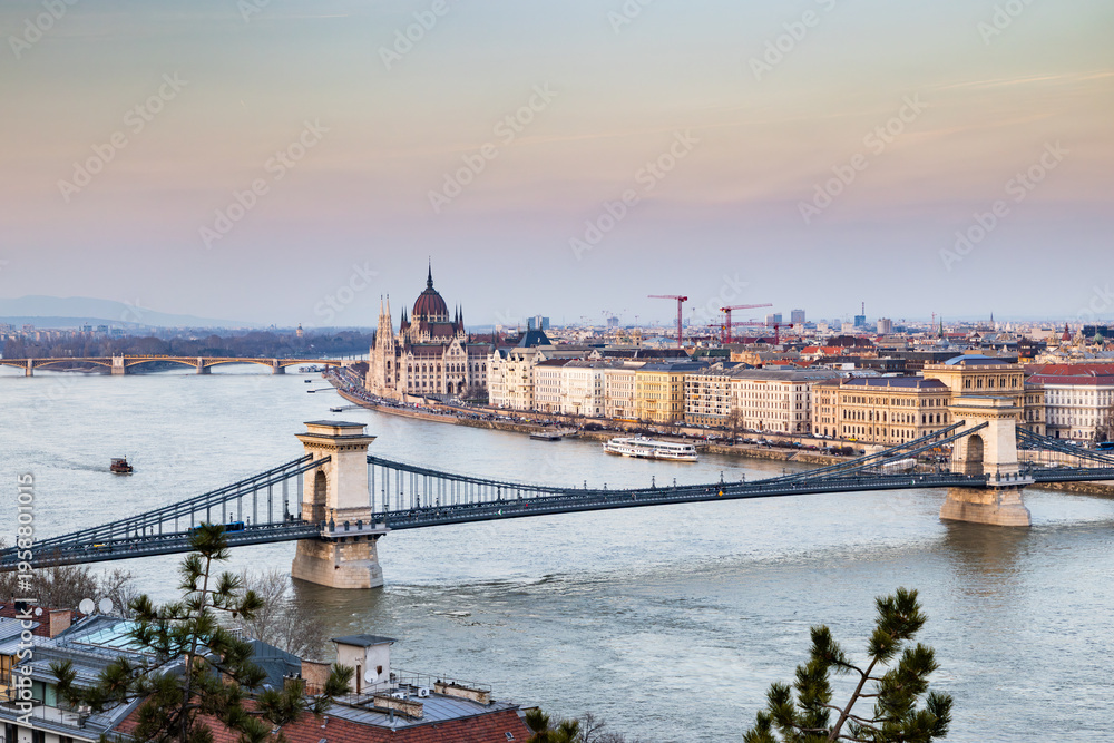 Fototapeta premium panorama view at the parliament with Danube river in Budapest