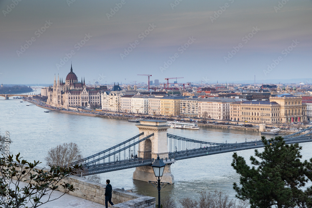 Fototapeta premium panorama view at the parliament with Danube river in Budapest
