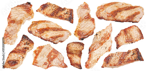 Grilled chicken meat pieces isolated on white background, full depth of field