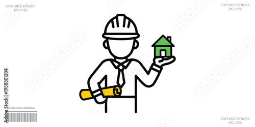 civil engineer, Architect Engineer Holding House Model Icon Set Outline Black Vector Illustration