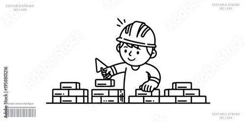 civil engineer, Construction Worker Building Brick Wall Icon Set Outline Black Vector Illustration