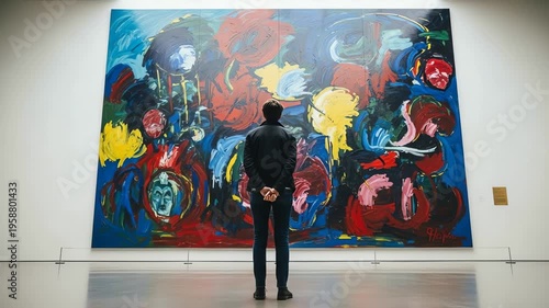 Person admiring an abstract painting in a modern art gallery with vibrant colors and dynamic shapes