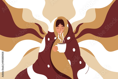 Cozy person wrapped in blanket enjoying hot beverage with steam rising