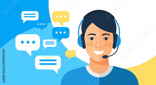 Smiling customer service representative with headset and chat bubbles illustration