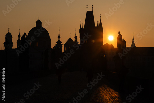 charles Bridge in Prague  Czech Republic at sunrise with historic statues