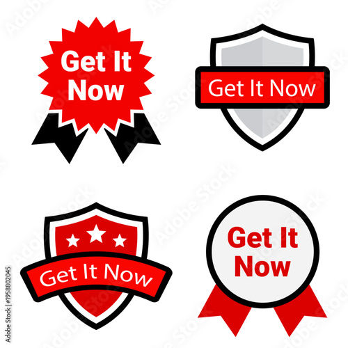 Creative call-to-action badges promoting immediate action with get it now text