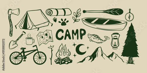 Hand drawn camping and outdoor adventure set with tent, campfire, mountains, map and forest elements. Nature doodle vector collection.
