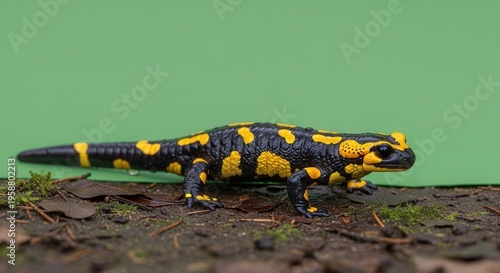 Vivid Black and Yellow Salamander Navigating Natural Environment in Close-up View