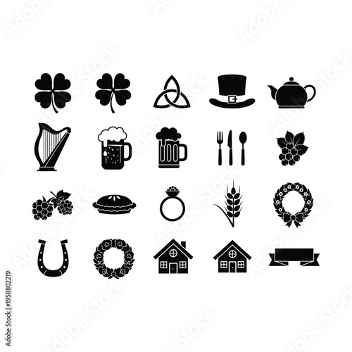 Black silhouettes of various Irish and general symbols on white background