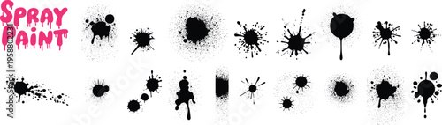 Assortment of Black Spray Paint Splatter and Drip Effects on White vector illustration