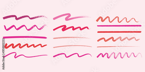Assortment of hand drawn pink and red brush strokes and wavy lines on light pink abstract background