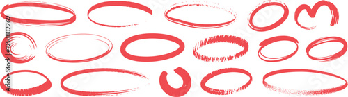 Assortment of hand-drawn red oval shapes and brush strokes on a white background abstract border