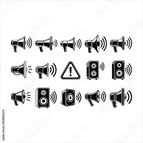 Black and white icons of loudspeakers and speakers with sound waves  various communication symbols