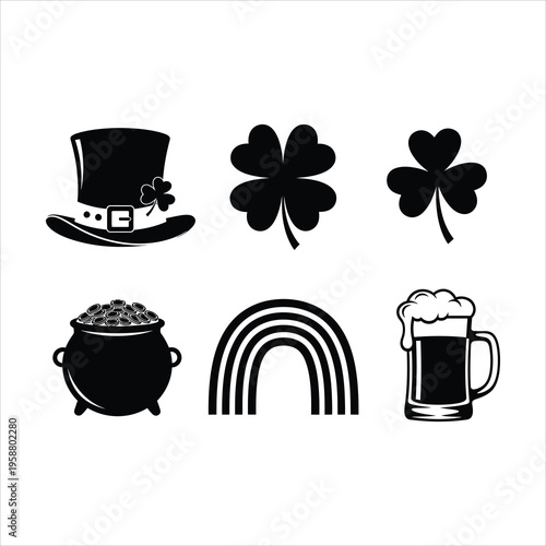 St Patricks Day icons including hat clover pot of gold rainbow and beer
