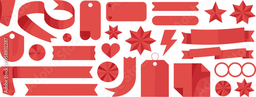 Assortment of Red Ribbons Tags Stars Hearts and Lightning Bolts on White Keywords: red ribbon, tag, label, banner, sale tag