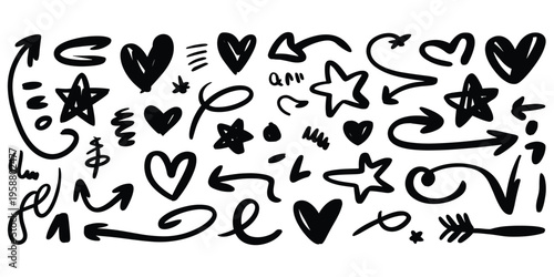 Black Hand Drawn Doodle Elements Hearts Arrows Stars Scribbles And Swirls On White vector illustration