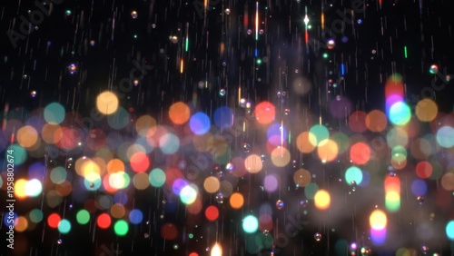 Multicolored bokeh lights streaking as raindrops on dark background