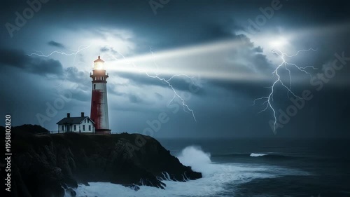 Dramatic lighthouse illuminating stormy seas during a thunderstorm at dusk with crashing waves