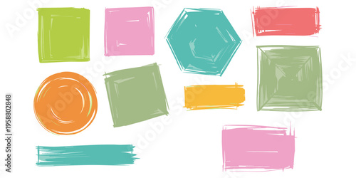Collection of hand drawn colorful geometric shapes and brush strokes on white abstract background